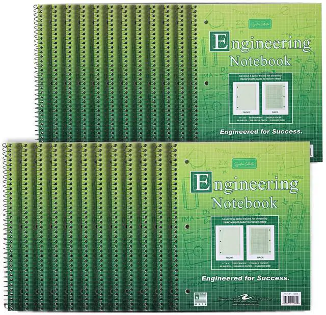 Main image of Graph Ruled Spiral Engineering Notebook, Engineering Graph Paper, 24 Pack, 5x5 Enclosed Grid, 8.5" x 11", 80 Perforated Sheets, 3 Hole Punched, Green Tinted Sheets, Made in USA