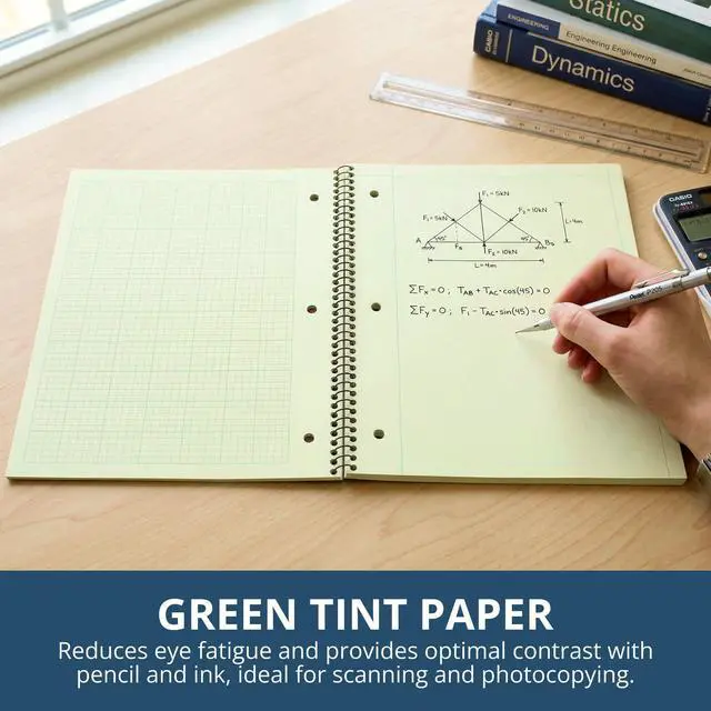 Alt view image 2 of 6 - Graph Ruled Spiral Engineering Notebook, Engineering Graph Paper, 24 Pack, 5x5 Enclosed Grid, 8.5" x 11", 80 Perforated Sheets, 3 Hole Punched, Green Tinted Sheets, Made in USA