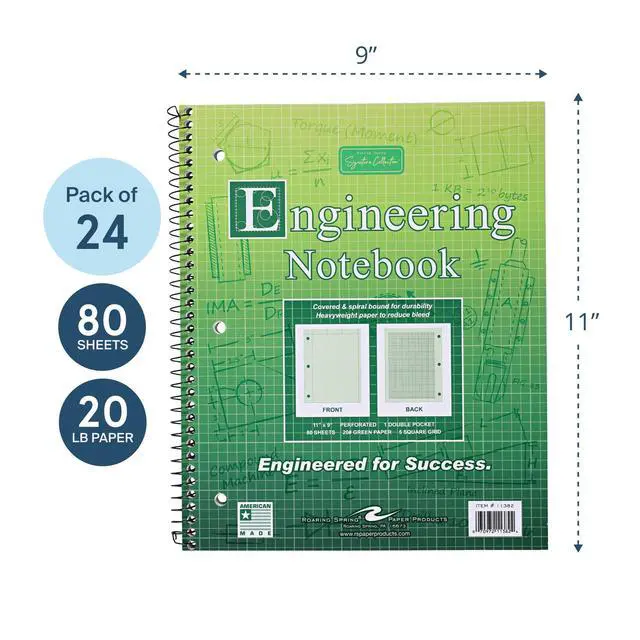 Alt view image 3 of 6 - Graph Ruled Spiral Engineering Notebook, Engineering Graph Paper, 24 Pack, 5x5 Enclosed Grid, 8.5" x 11", 80 Perforated Sheets, 3 Hole Punched, Green Tinted Sheets, Made in USA