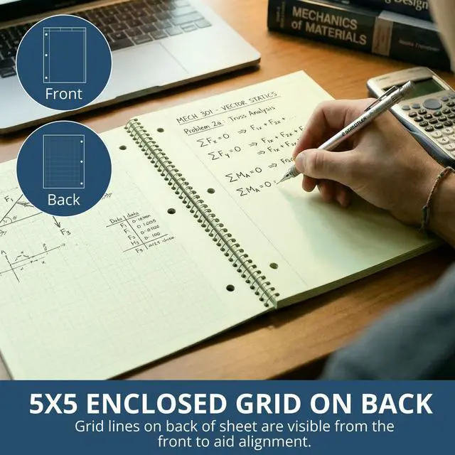 Alt view image 4 of 6 - Graph Ruled Spiral Engineering Notebook, Engineering Graph Paper, 24 Pack, 5x5 Enclosed Grid, 8.5" x 11", 80 Perforated Sheets, 3 Hole Punched, Green Tinted Sheets, Made in USA