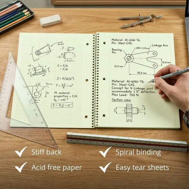 Alt view image 5 of 6 - Graph Ruled Spiral Engineering Notebook, Engineering Graph Paper, 24 Pack, 5x5 Enclosed Grid, 8.5" x 11", 80 Perforated Sheets, 3 Hole Punched, Green Tinted Sheets, Made in USA