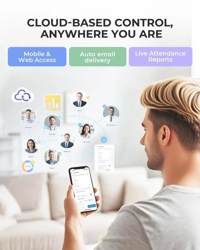 Alt view image 2 of 7 - Cloud Employee Time Clock, Fingerprint & Card Punch Machine with 2.4G/5G WiFi, 2000mAh Backup Battery, Remote APP/Web Control & AWS Secure Storage (0 Monthly Fee)
