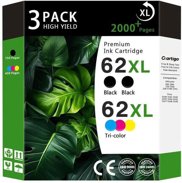 Main image of 62XL High Yield Compatible Ink Cartridges Replacement for HP 62, Fit HP Envy 5540 5640 5660 7644 OfficeJet 5740 5741 8040 200 250 Series Printers, Combo 3-Pack (2 Black / 1 Tri-Color)