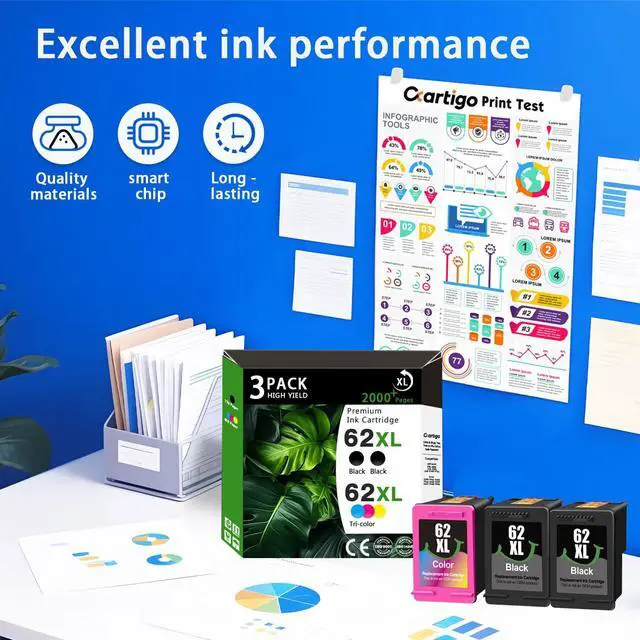 Alt view image 6 of 7 - 62XL High Yield Compatible Ink Cartridges Replacement for HP 62, Fit HP Envy 5540 5640 5660 7644 OfficeJet 5740 5741 8040 200 250 Series Printers, Combo 3-Pack (2 Black / 1 Tri-Color)