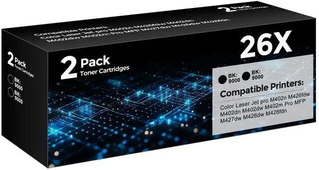 Main image of 26X Black Toner Cartridge Compatible for HP Printer 26X CF226X 26A CF226A | Laser Jet Toner Cartridge with M402n M426fdw Toner Cartridges (2-Pack, High Yield up to 9,100 Pages)