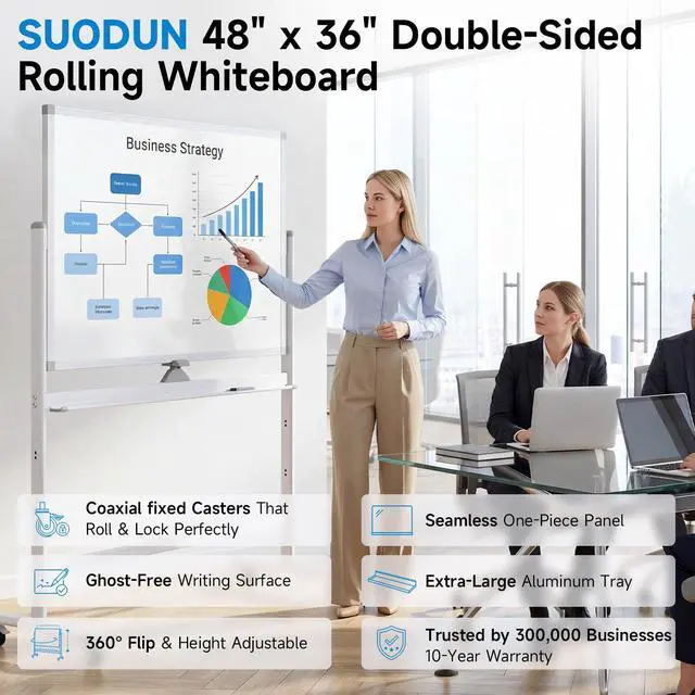 Alt view image 2 of 7 - Rolling Whiteboard 48"x36" Magnetic Dry Erase Board with Stand, Double Sided Mobile Whiteboard on Wheels, Non-Foldable Large Portable White Board for Office, Classroom & Home