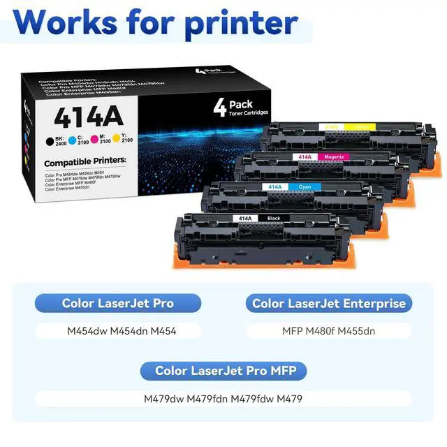 Alt view image 2 of 7 - 414A Toner Cartridges 4 Pack Compatible for HP 414A 414X Toner Replacement for Color Laserjet Pro MFP M479fdw M479fdn, Pro M454dw M454dn M454, M455dn MFP M480f Printers(Black/ Cyan/ Magenta/ Yellow)