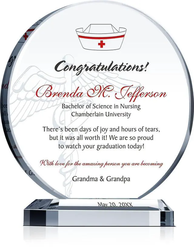Main image of Personalized Nursing School Graduation Gift Custom Engraved Crystal Plaque with Name, School, Degree & Date Unique Nurse Gift for Daughter or Granddaughter (M - 6.5")