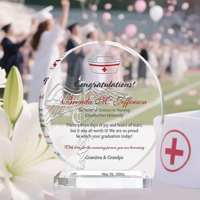 Alt view image 2 of 7 - Personalized Nursing School Graduation Gift Custom Engraved Crystal Plaque with Name, School, Degree & Date Unique Nurse Gift for Daughter or Granddaughter (M - 6.5")