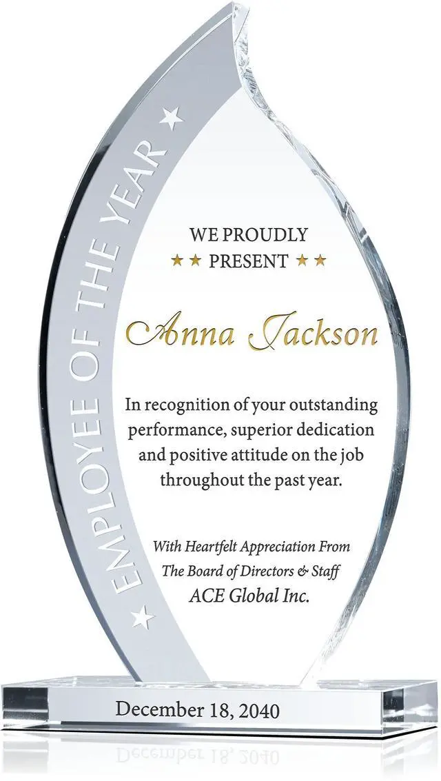 Main image of Custom Flame Shape Crystal Employee of the Year Award Plaque, Unique Personalized Crystal Flame Employee Recognition Award Trophy (M - 7.5")