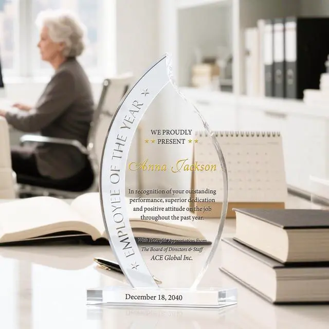 Alt view image 2 of 7 - Custom Flame Shape Crystal Employee of the Year Award Plaque, Unique Personalized Crystal Flame Employee Recognition Award Trophy (M - 7.5")