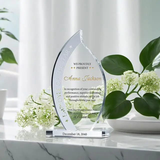 Alt view image 3 of 7 - Custom Flame Shape Crystal Employee of the Year Award Plaque, Unique Personalized Crystal Flame Employee Recognition Award Trophy (M - 7.5")