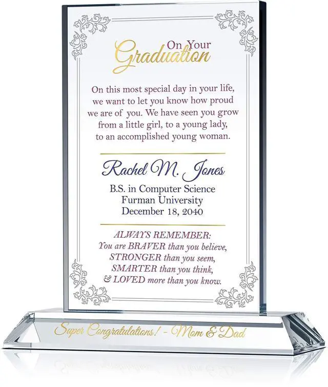 Main image of Personalized Crystal College Graduation Gift for Her Engraved Plaque with Name, School & Date for Daughter, Granddaughter or Niece (M - 7.5")
