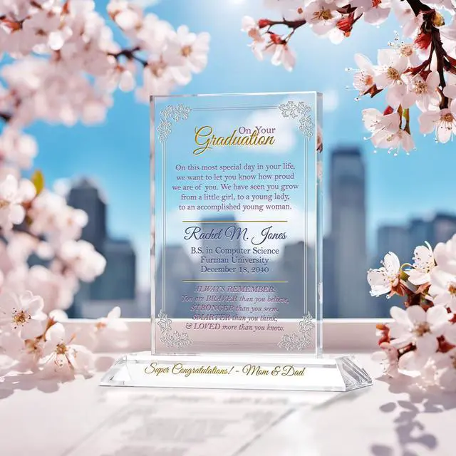 Alt view image 3 of 7 - Personalized Crystal College Graduation Gift for Her Engraved Plaque with Name, School & Date for Daughter, Granddaughter or Niece (M - 7.5")