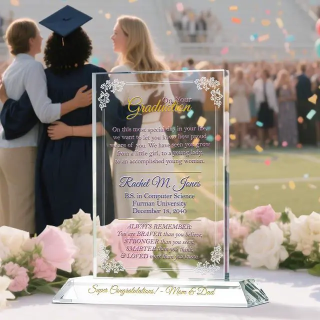 Alt view image 2 of 7 - Personalized Crystal College Graduation Gift for Her Engraved Plaque with Name, School & Date for Daughter, Granddaughter or Niece (M - 7.5")
