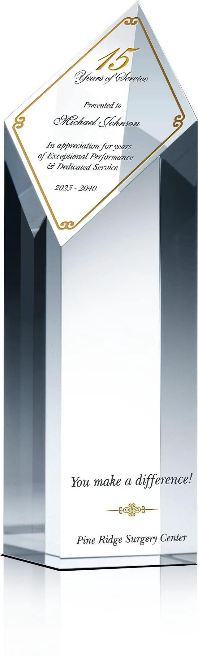 Main image of Personalized Crystal Diamond Length of Service Award Plaque for Man or Woman, Customized with Employee & Company Name, Years of Service, Unique Corporate Service Recognition Award Trophy (M - 7")