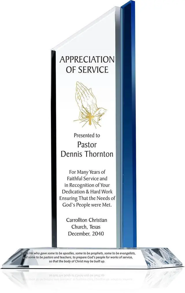 Main image of Personalized Crystal Gift Plaque for Pastor Appreciation Month, Customized with Pastor & Church Name, Unique Gift for Pastor, Priest, Minister or Clergy Appreciation (L - 10")