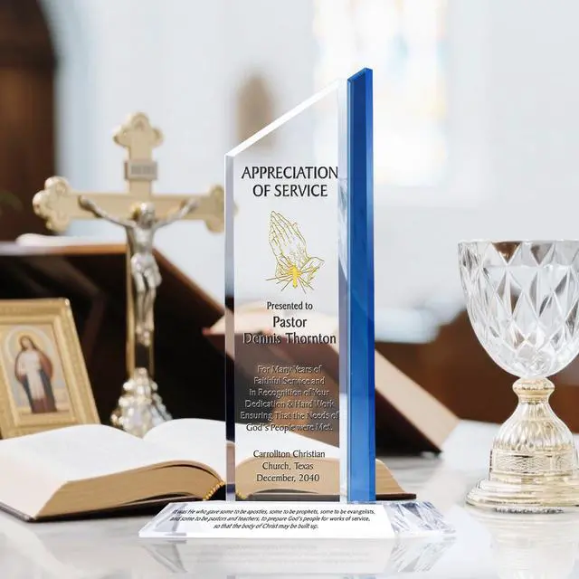 Alt view image 2 of 7 - Personalized Crystal Gift Plaque for Pastor Appreciation Month, Customized with Pastor & Church Name, Unique Gift for Pastor, Priest, Minister or Clergy Appreciation (L - 10")