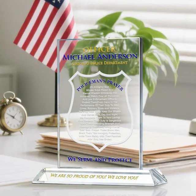 Alt view image 2 of 7 - Personalized Crystal Policemans Prayer Plaque Custom Engraved Police Gift for Son, Husband, Dad, Boyfriend, or Officer Unique Graduation, Retirement, Promotion & Appreciation Keepsake (L - 9")
