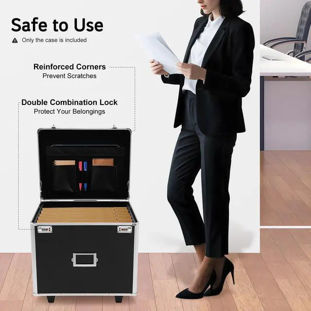 Alt view image 4 of 7 - Rolling Cart for Teachers, Rolling File Cart with Hanging Folders, Portable File Box with Handle, Aluminum Alloy, Passcode Lock, Black