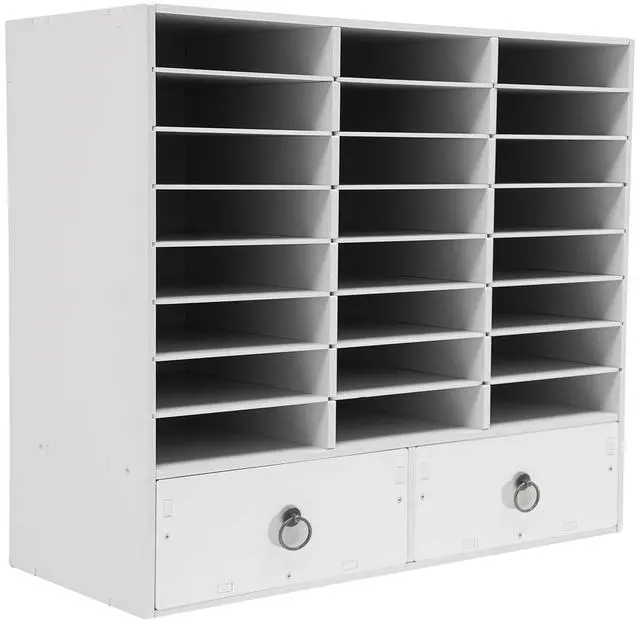 Main image of Wooden Literature Organizer 24 Slots Paper and Mail Organizer Storage Cabinet Desktop File Sorter with 2 Drawers, Adjustable Shelves for Home & Office School Mailrooms