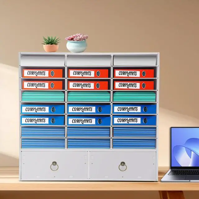 Alt view image 2 of 7 - Wooden Literature Organizer 24 Slots Paper and Mail Organizer Storage Cabinet Desktop File Sorter with 2 Drawers, Adjustable Shelves for Home & Office School Mailrooms