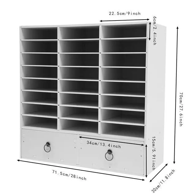 Alt view image 3 of 7 - Wooden Literature Organizer 24 Slots Paper and Mail Organizer Storage Cabinet Desktop File Sorter with 2 Drawers, Adjustable Shelves for Home & Office School Mailrooms