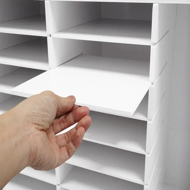 Alt view image 4 of 7 - Wooden Literature Organizer 24 Slots Paper and Mail Organizer Storage Cabinet Desktop File Sorter with 2 Drawers, Adjustable Shelves for Home & Office School Mailrooms