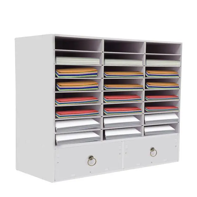Alt view image 6 of 7 - Wooden Literature Organizer 24 Slots Paper and Mail Organizer Storage Cabinet Desktop File Sorter with 2 Drawers, Adjustable Shelves for Home & Office School Mailrooms