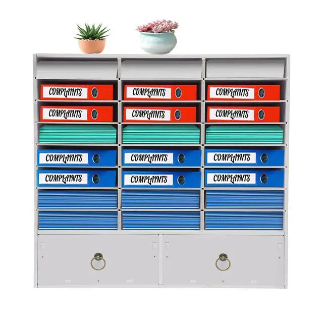Alt view image 5 of 7 - Wooden Literature Organizer 24 Slots Paper and Mail Organizer Storage Cabinet Desktop File Sorter with 2 Drawers, Adjustable Shelves for Home & Office School Mailrooms