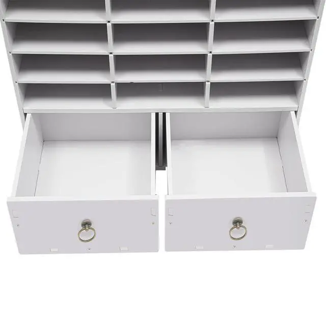 Alt view image 7 of 7 - Wooden Literature Organizer 24 Slots Paper and Mail Organizer Storage Cabinet Desktop File Sorter with 2 Drawers, Adjustable Shelves for Home & Office School Mailrooms