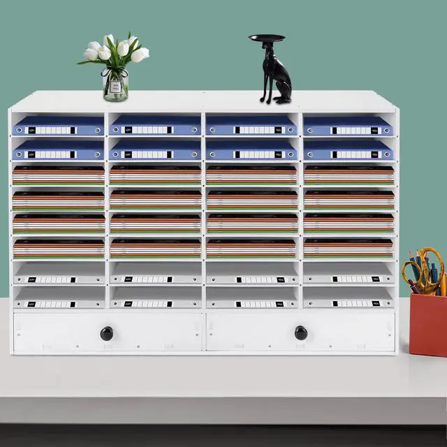 Alt view image 2 of 7 - 32 Slot Literature Organizer Adjustable Desktop File Sorter with 2 Drawers, Stackable Office Mail Sorter 32 Compartments Magazine Holder Paper Storage Cabinet for Office Home School