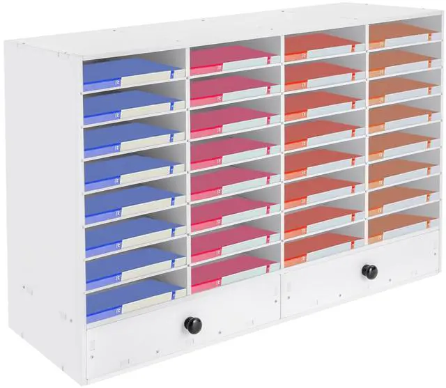 Main image of 32 Slot Literature Organizer Adjustable Desktop File Sorter with 2 Drawers, Stackable Office Mail Sorter 32 Compartments Magazine Holder Paper Storage Cabinet for Office Home School