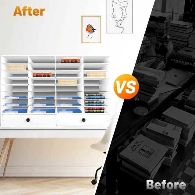 Alt view image 7 of 7 - 32 Slot Literature Organizer Adjustable Desktop File Sorter with 2 Drawers, Stackable Office Mail Sorter 32 Compartments Magazine Holder Paper Storage Cabinet for Office Home School