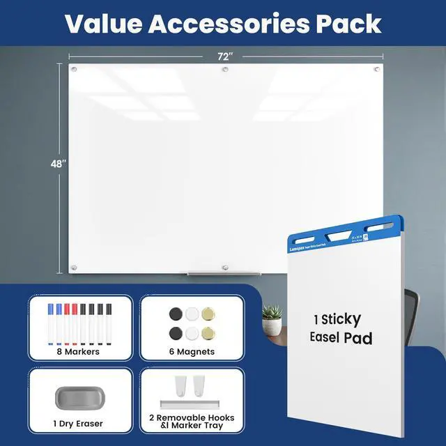 Alt view image 4 of 7 - Large Glass Whiteboard, Enhanced Magnetism Glass Dry Erase Board for Wall, 72" x 48" Magnetic Pure White Tempered Glass Board, 6' x 4' Big White Board for Home, Office, School