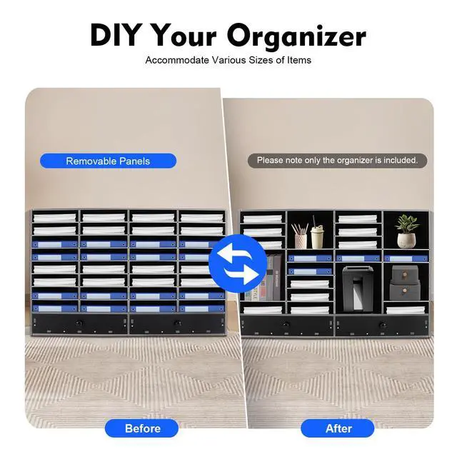 Alt view image 6 of 7 - 32 Slot Literature Organizer Adjustable Desktop File Sorter with 2 Drawers, Stackable Office Mail Sorter 32 Compartments Magazine Holder Paper Storage Cabinet for Office Home School