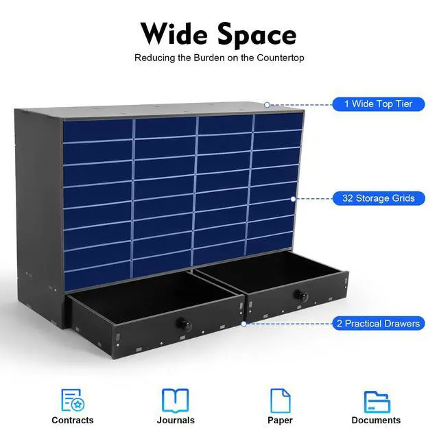 Alt view image 5 of 7 - 32 Slot Literature Organizer Adjustable Desktop File Sorter with 2 Drawers, Stackable Office Mail Sorter 32 Compartments Magazine Holder Paper Storage Cabinet for Office Home School