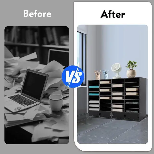 Alt view image 7 of 7 - 32 Slot Literature Organizer Adjustable Desktop File Sorter with 2 Drawers, Stackable Office Mail Sorter 32 Compartments Magazine Holder Paper Storage Cabinet for Office Home School