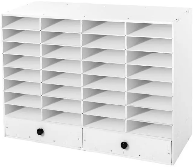Main image of Literature Organizer, 32 Compartments Office Mailboxes with Adjustable Shelves, 2 Drawers for Office, Classroom, Home, Printer Room (White)