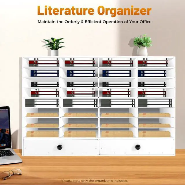 Alt view image 4 of 7 - 32 Slot Literature Organizer Adjustable Desktop File Sorter with 2 Drawers, Stackable Office Mail Sorter 32 Compartments Magazine Holder Paper Storage Cabinet for Office Home School
