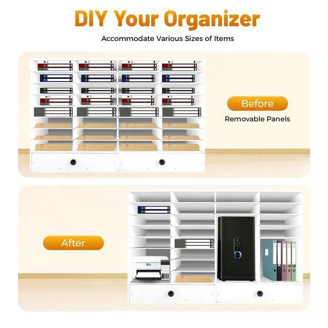 Alt view image 4 of 7 - Literature Organizer, 32 Compartments Office Mailboxes with Adjustable Shelves, 2 Drawers for Office, Classroom, Home, Printer Room (White)