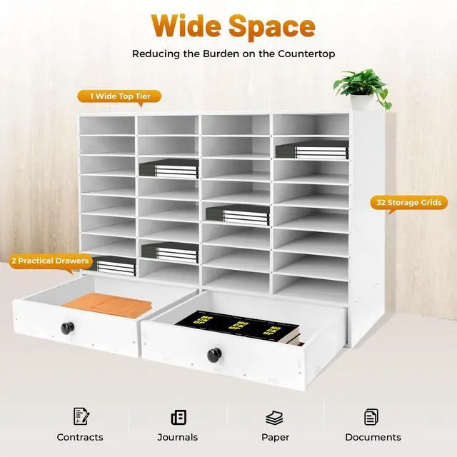 Alt view image 5 of 7 - 32 Slot Literature Organizer Adjustable Desktop File Sorter with 2 Drawers, Stackable Office Mail Sorter 32 Compartments Magazine Holder Paper Storage Cabinet for Office Home School