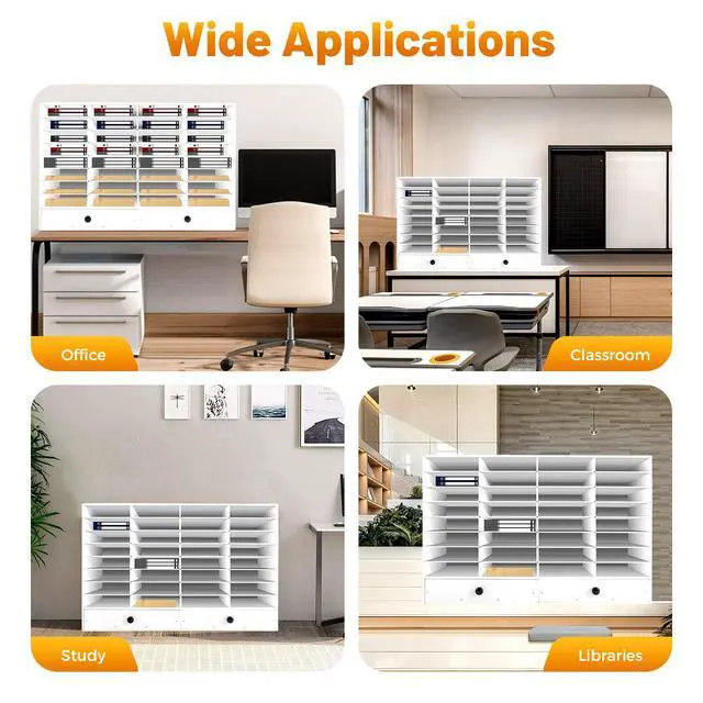 Alt view image 5 of 7 - Literature Organizer, 32 Compartments Office Mailboxes with Adjustable Shelves, 2 Drawers for Office, Classroom, Home, Printer Room (White)