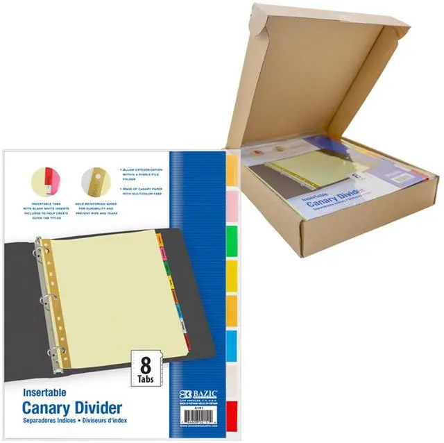 Main image of Canary Binder Dividers, 8 Insertable Color Tabs, 144-Case | 8 insertable clear color tabs with white label inserts, reinforced 3-hole edge fits 3-ring binders