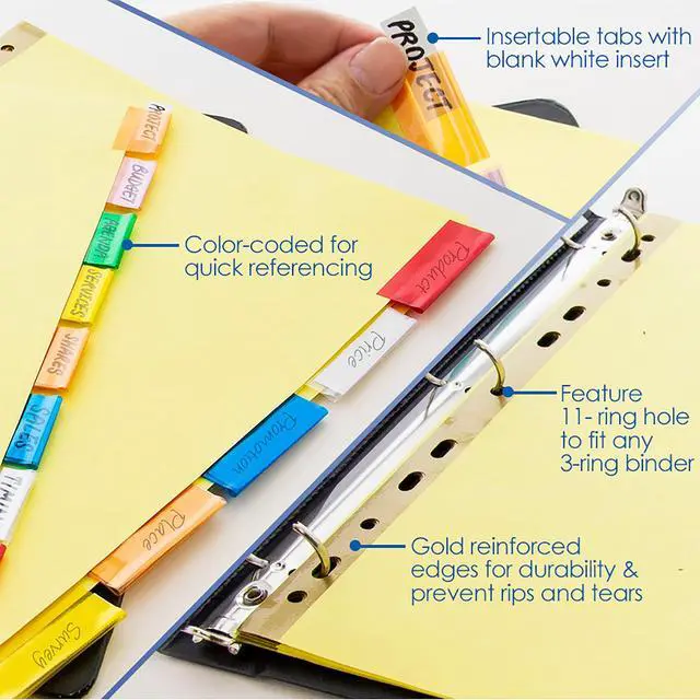 Alt view image 2 of 7 - Canary Binder Dividers, 8 Insertable Color Tabs, 144-Case | 8 insertable clear color tabs with white label inserts, reinforced 3-hole edge fits 3-ring binders