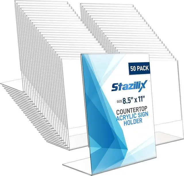 Main image of 50 Pack Acrylic Sign Holder 8.5x11, Standing L-Shape Vertical Menu Holder Stand, Flyer Display Stand, Table Paper Holder, Plastic Sign Display Stand for Restaurants, Store, Office