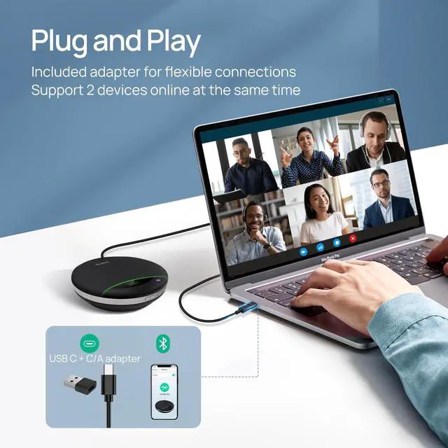 Alt view image 6 of 7 - Bluetooth Speakerphone SP96 Support Daisy-Chain 26H Talk Time Teams Certified 65mm Conference Speaker and 6 Microphones Smart AI Noise-Canceling 5m Voice Pickup Radius 1.2m USB C/A 400g