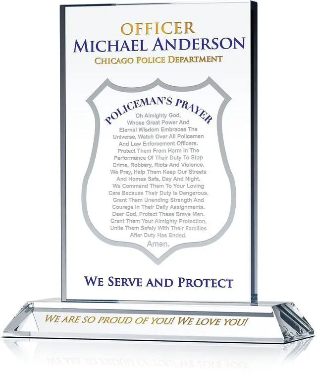 Main image of Personalized Crystal Policemans Prayer Plaque Custom Engraved Police Gift for Son, Husband, Dad, Boyfriend, or Officer Unique Graduation, Retirement, Promotion & Appreciation Keepsake (L - 9")