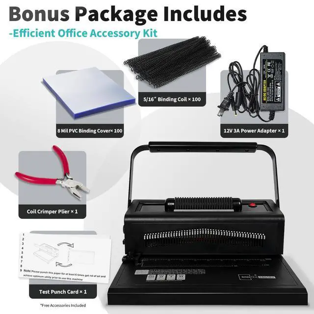 Alt view image 2 of 7 - Spiral Binding Machine, 4:1 Pitch, 20-Sheet Punch, with Bonus Kit | 46 Disengageable Pins, Electric Coil Inserter, Adjustable Side Margin, with 100 8Mil PVC Covers, 100 5/16 in Coils and Pliers