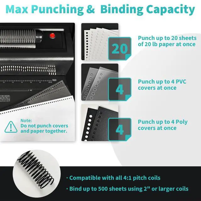 Alt view image 4 of 7 - Spiral Binding Machine, 4:1 Pitch, 20-Sheet Punch, with Bonus Kit | 46 Disengageable Pins, Electric Coil Inserter, Adjustable Side Margin, with 100 8Mil PVC Covers, 100 5/16 in Coils and Pliers